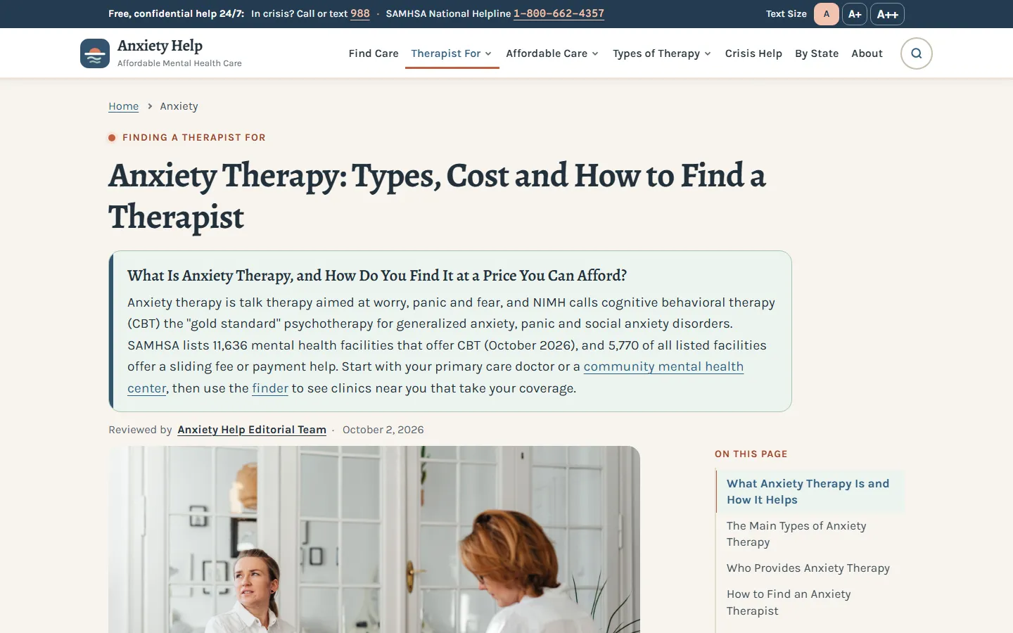 Anxiety Therapy: Types, Cost and How to Find a Therapist guide with an answer box noting NIMH calls CBT the gold standard, 11,636 facilities offering CBT and 5,770 offering a sliding fee, beside an on-this-page list