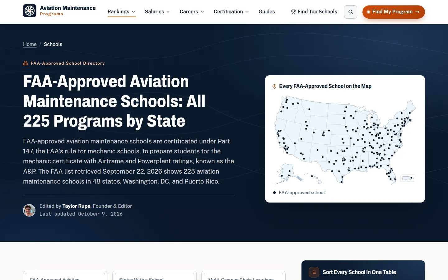 FAA-approved aviation maintenance school directory with an introduction to Part 147 and a United States map marking every approved school