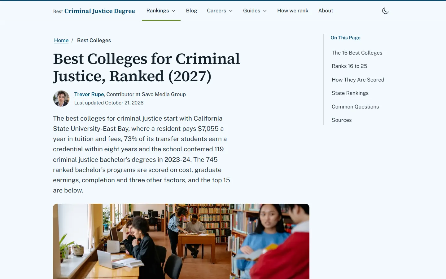 Best Colleges for Criminal Justice, Ranked (2027) page opening with California State University-East Bay at $7,055 a year and 119 criminal justice graduates, a note that 745 bachelor's programs are ranked, and an On This Page menu