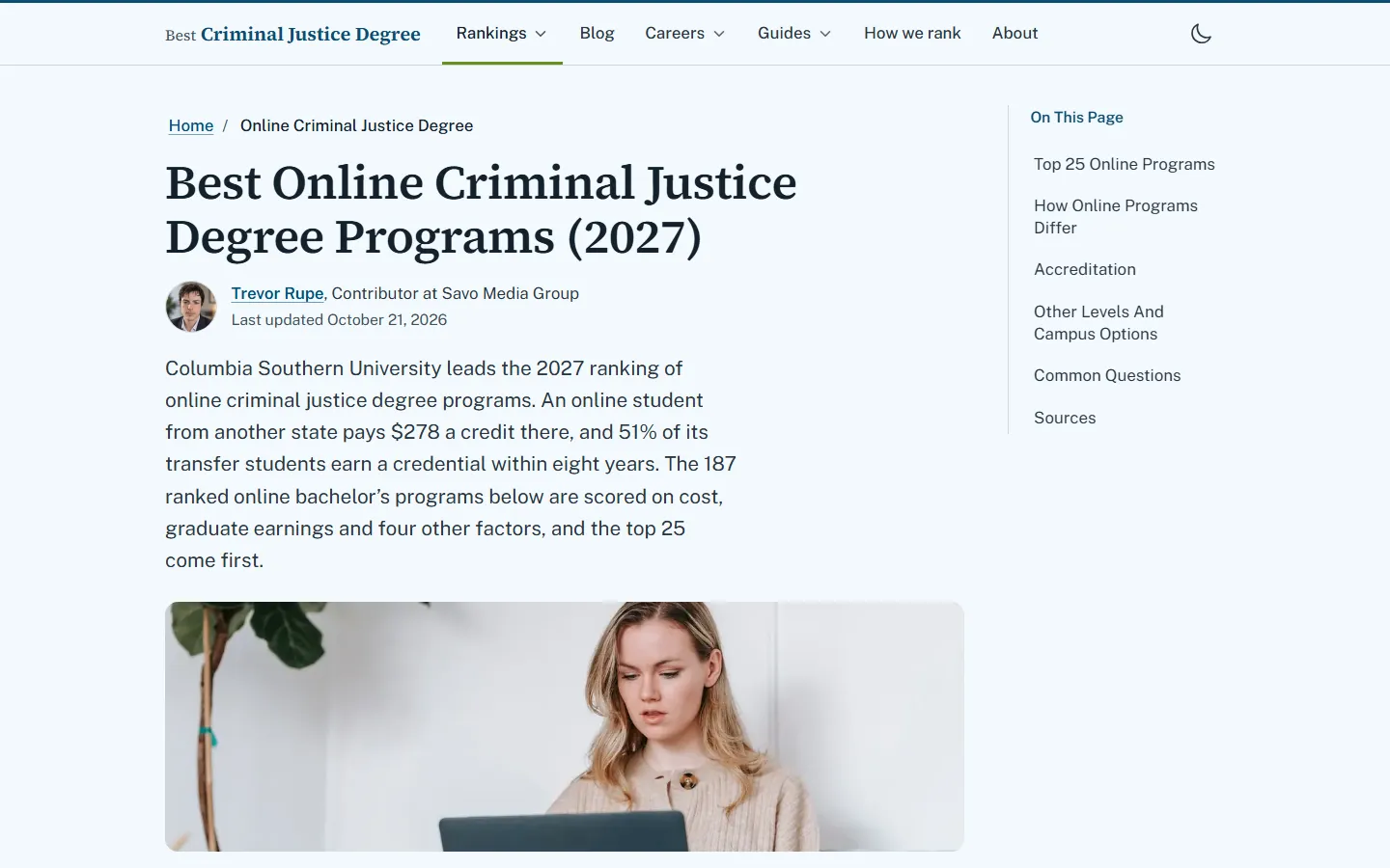 Best Online Criminal Justice Degree Programs (2027) page stating Columbia Southern University leads at $278 a credit with 51% of transfer students finishing, and that 187 online bachelor's programs are ranked