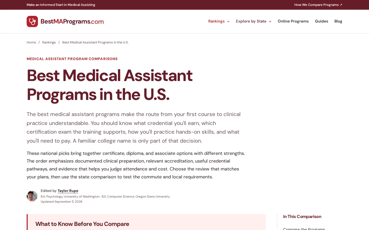 Best MA Programs national ranking with its comparison criteria and medical assistant program table