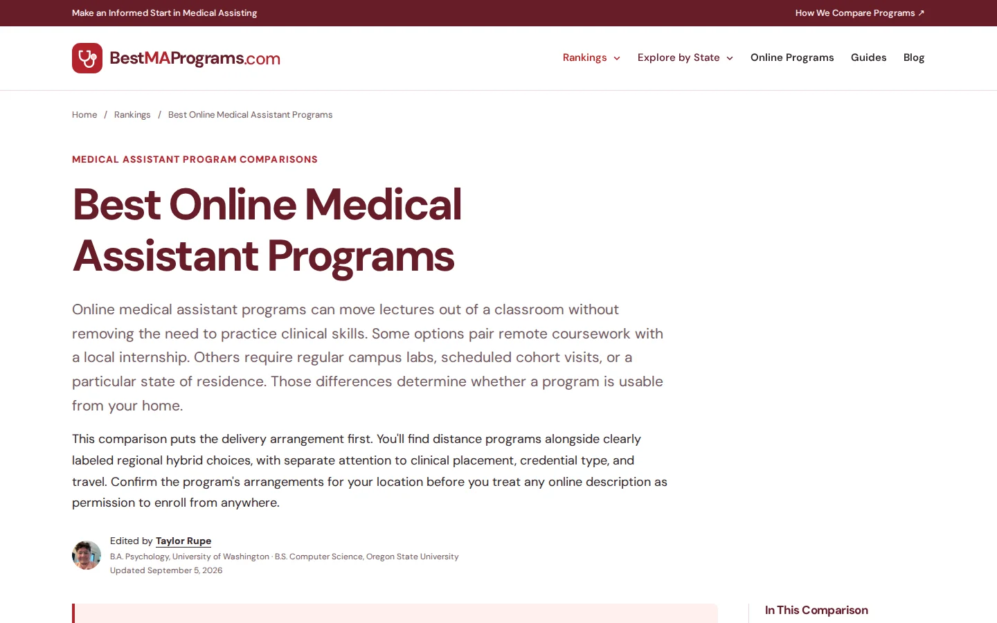 Online medical assistant ranking explaining campus visits, clinical placements, and regional attendance requirements