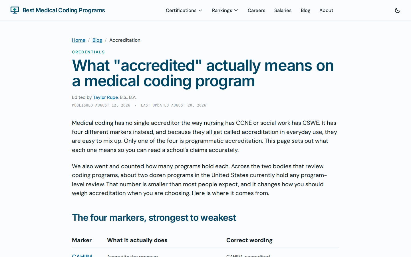 Accreditation guide comparing CAHIIM, AHIMA PCAP, AAPC and institutional accreditation on a medical coding program