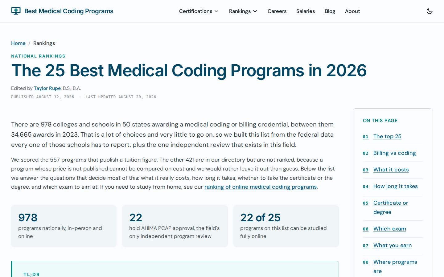 Best Medical Coding Programs national Top 25 ranking page showing scored programs and the count left unranked
