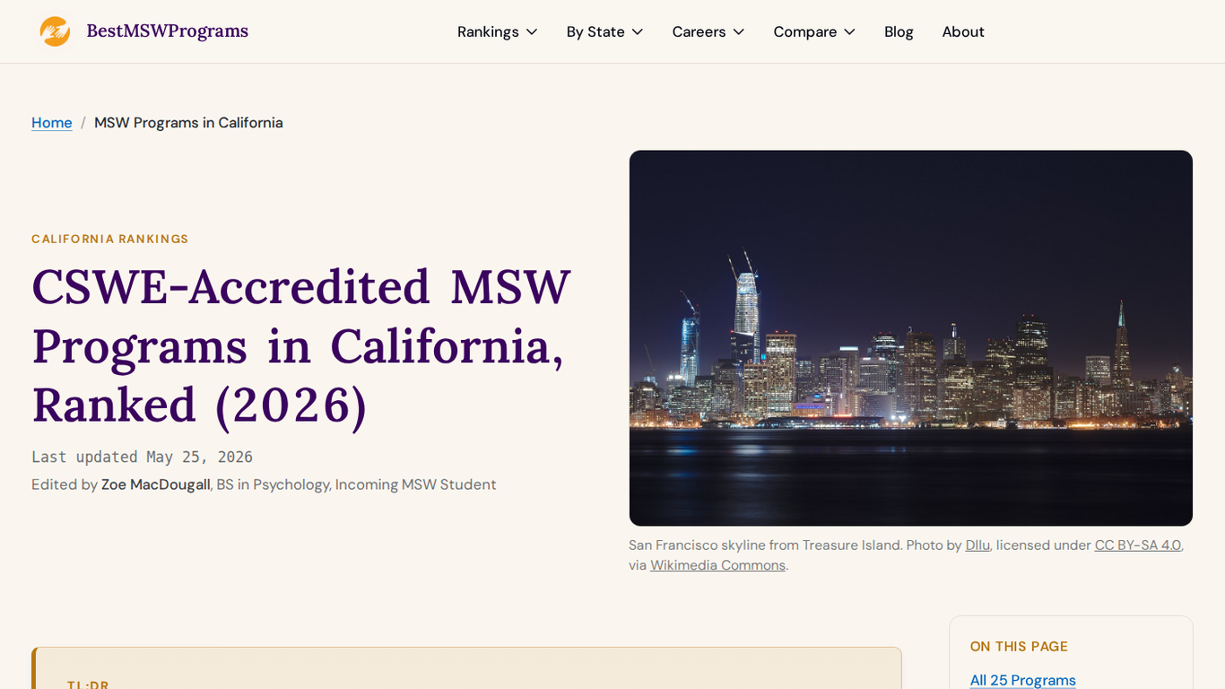 BestMSWPrograms.org California state page headlined CSWE-Accredited MSW Programs in California, Ranked 2026, with a San Francisco skyline hero image