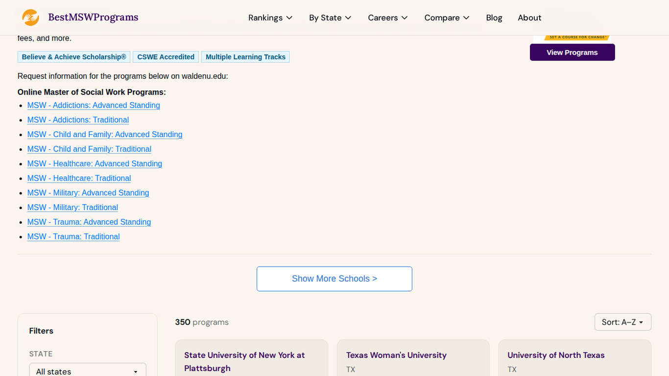 BestMSWPrograms.org comparison tool showing filters on the left and program columns set side by side for comparison