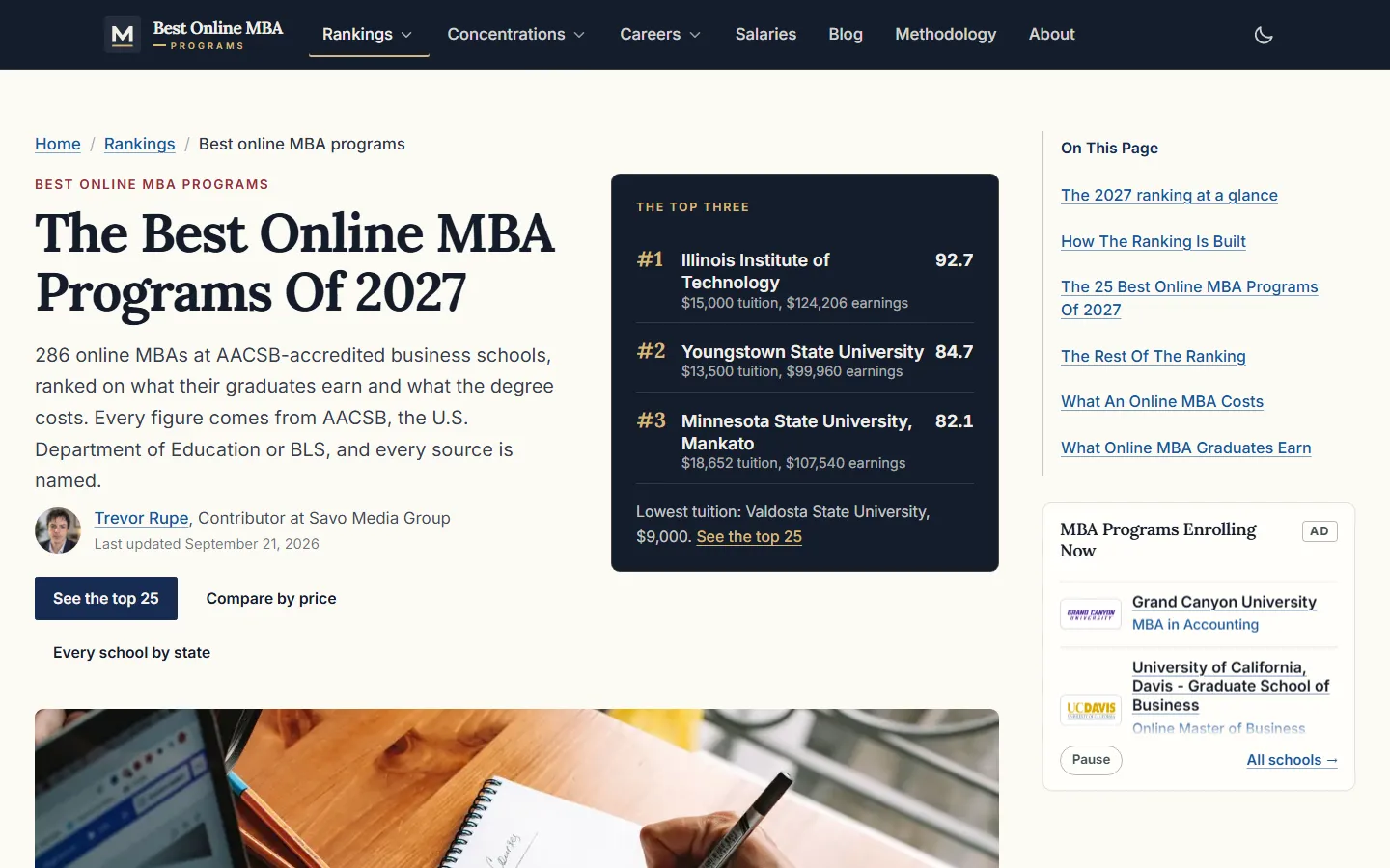 The Best Online MBA Programs Of 2027 page stating 286 online MBAs at AACSB-accredited schools are ranked, with a top-three panel led by Illinois Institute of Technology at 92.7, $15,000 tuition and $124,206 earnings