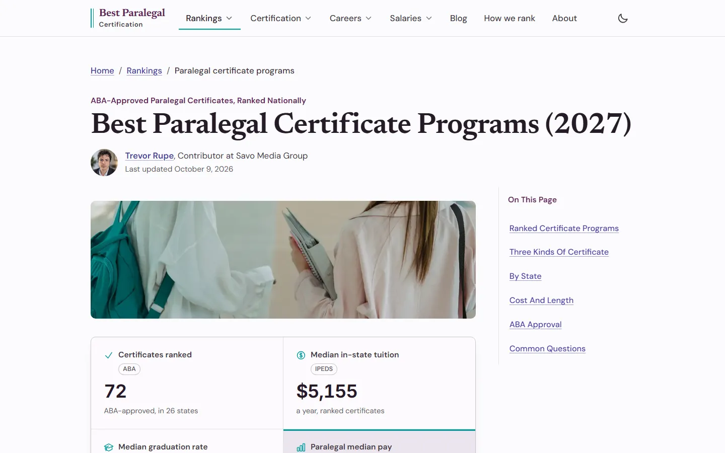Best Paralegal Certificate Programs (2027) page with a photo of two students and figure cards for 72 ABA-approved certificates ranked in 26 states and a $5,155 median in-state tuition, beside an On This Page menu