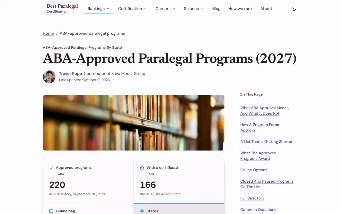 ABA-Approved Paralegal Programs (2027) page with a library shelf photo and figure cards for 220 approved programs and 166 with a certificate, beside an On This Page menu that starts with what ABA approval means