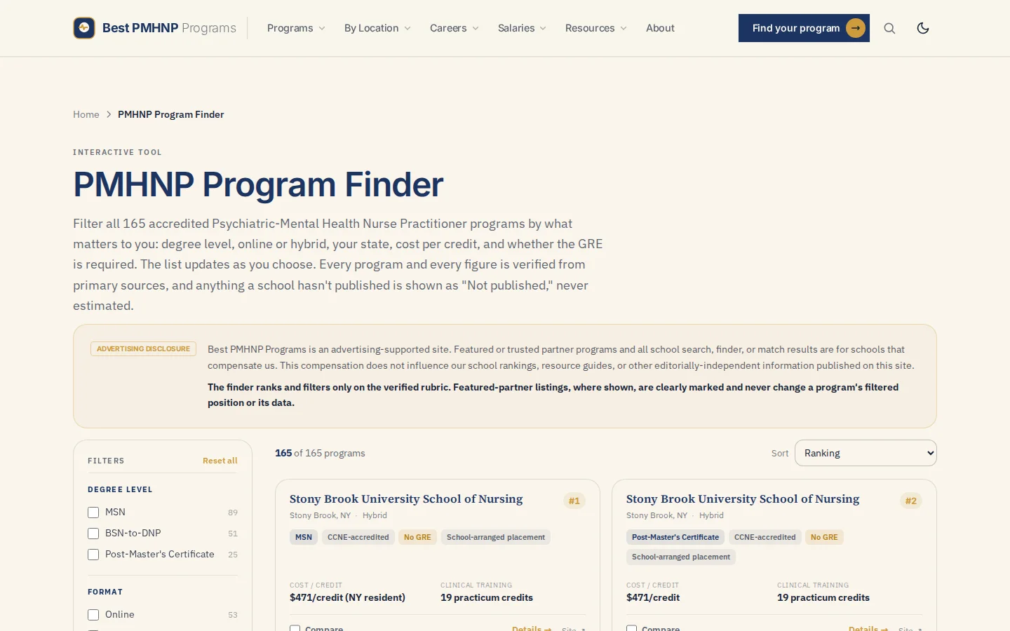Best PMHNP Programs finder with filtering controls for psychiatric nursing graduate programs
