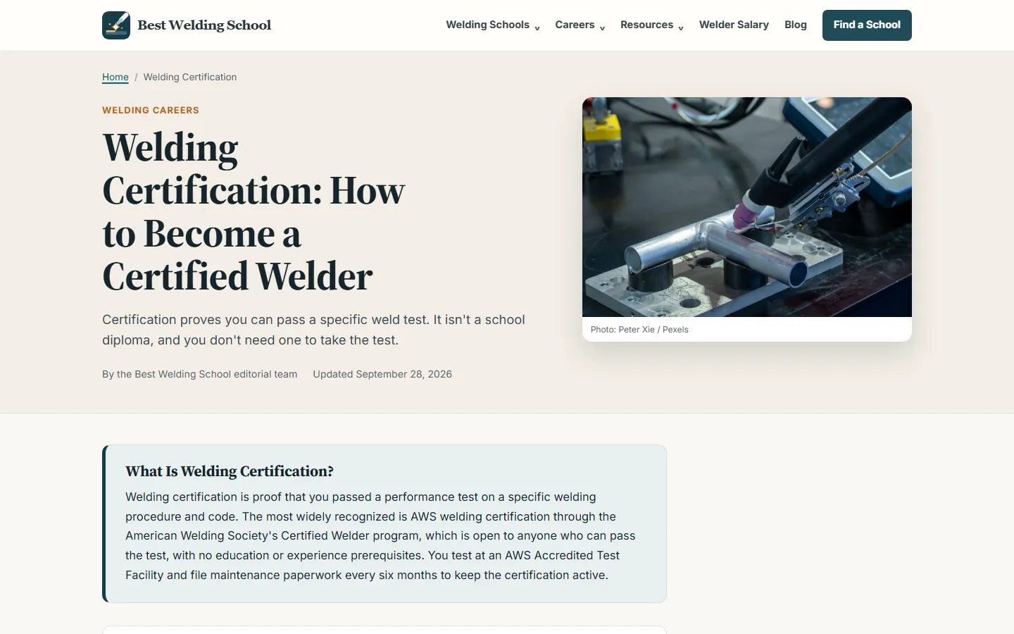 Welding Certification: How to Become a Certified Welder page headline beside a photo of a TIG torch over an aluminum joint, with a note that certification is not a school diploma