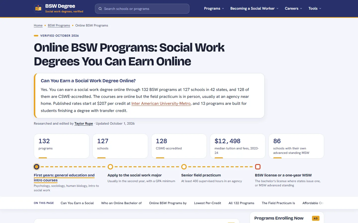 Online BSW Programs: Social Work Degrees You Can Earn Online page with an answer box on 132 programs at 127 schools in 42 states, 128 CSWE-accredited, and rates from $207 per credit, above stat tiles for a $12,498 median tuition and fees for 2023-24 and 86 schools with their own advanced standing MSW