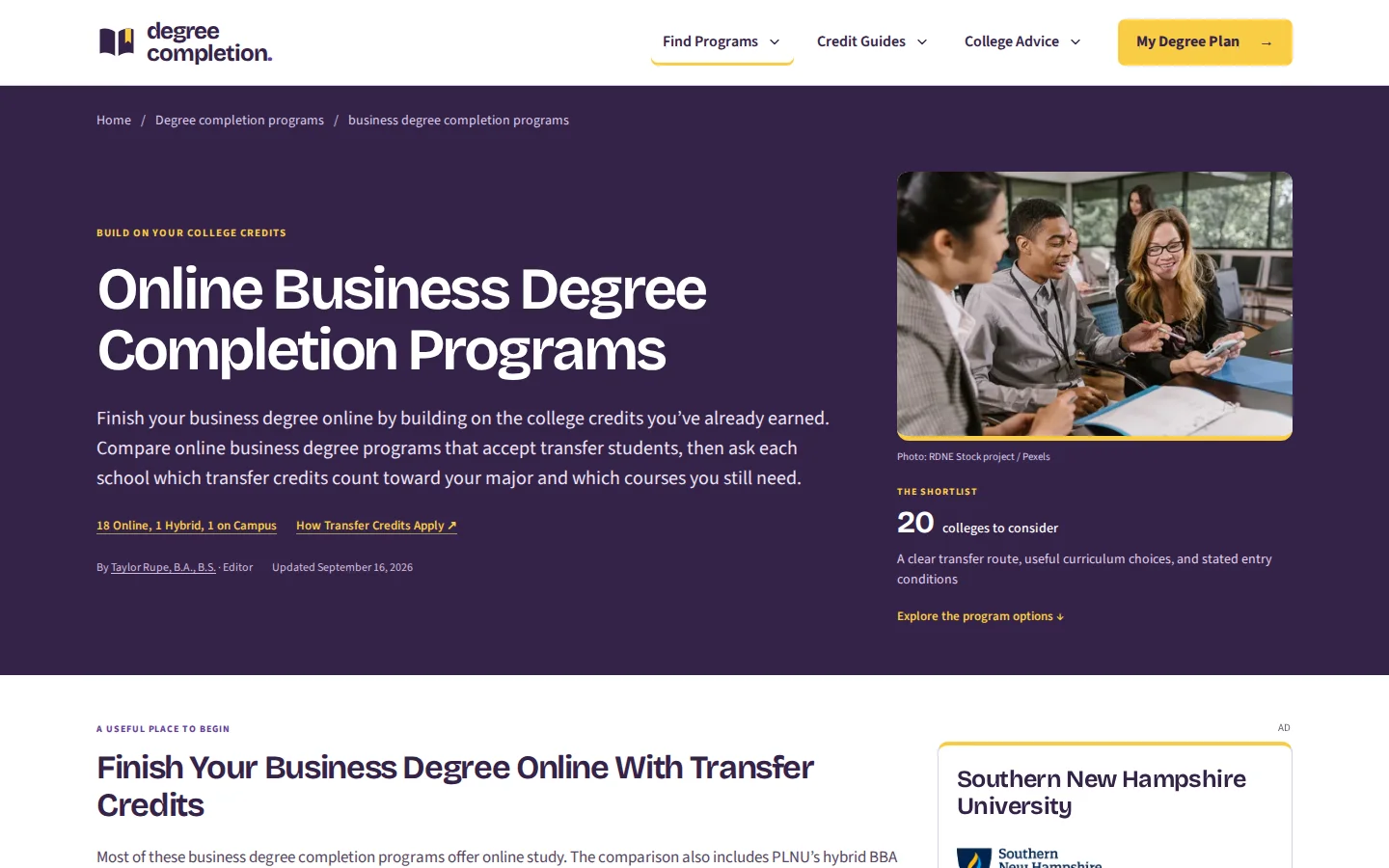 Business degree completion guide with program research, study-format controls, and school comparisons