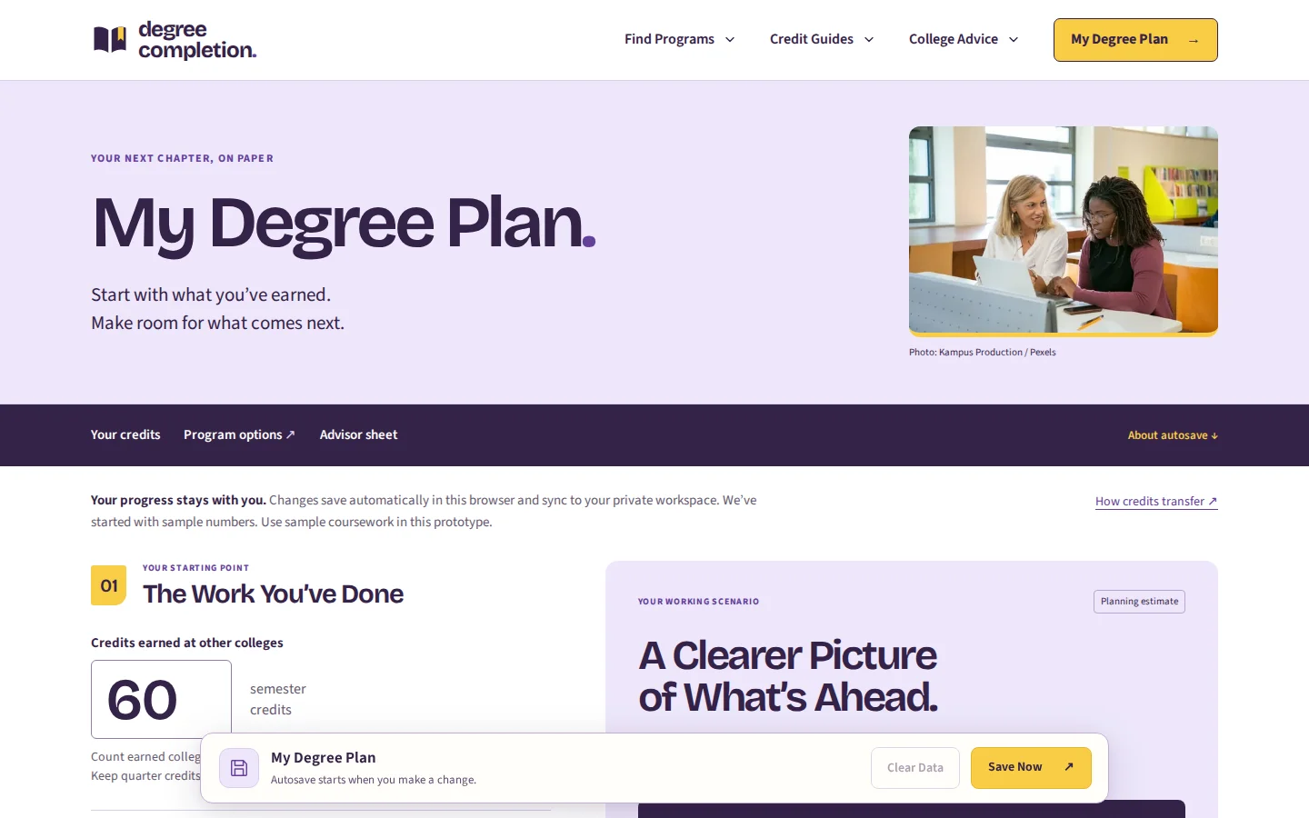 DegreeCompletion.com interactive planner with credit inputs, course-load settings, and a practice degree scenario