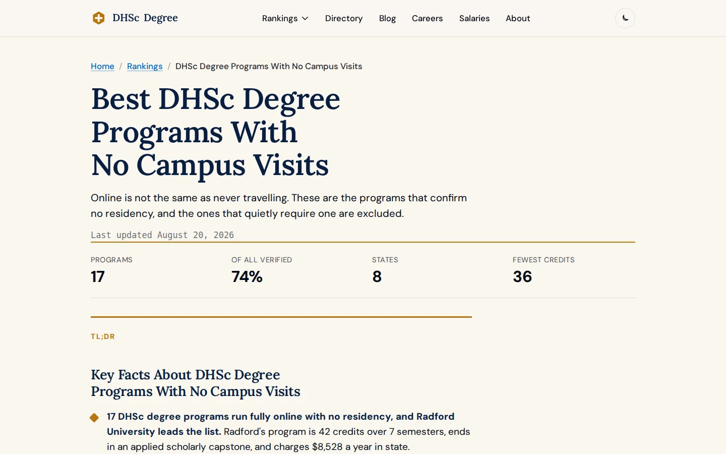 DHSc programs with no campus visits ranking focused on residency requirements and remote study