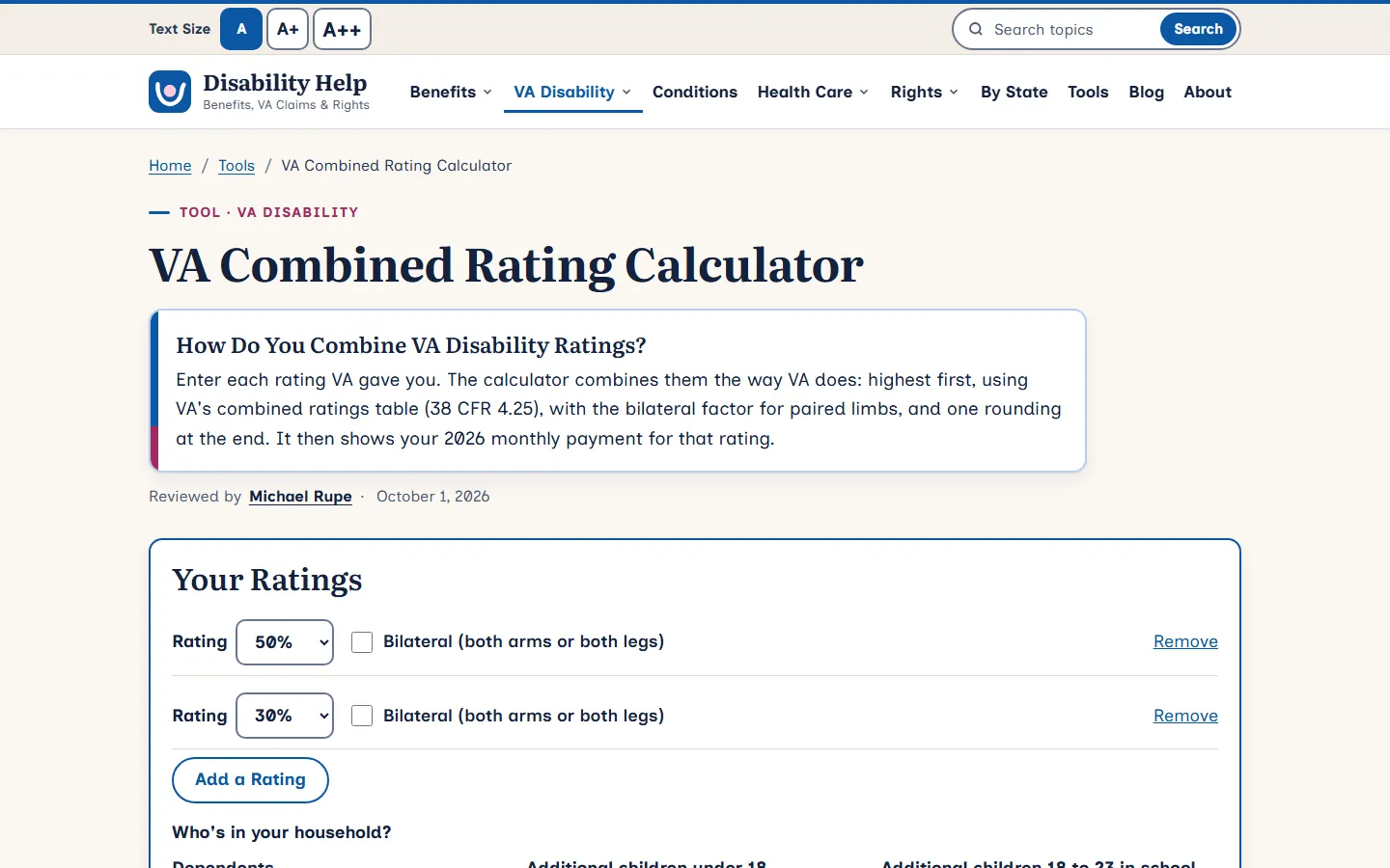 VA Combined Rating Calculator page with an answer box on how VA combines ratings, and a Your Ratings form preset to 50% and 30% with bilateral checkboxes and an Add a Rating button