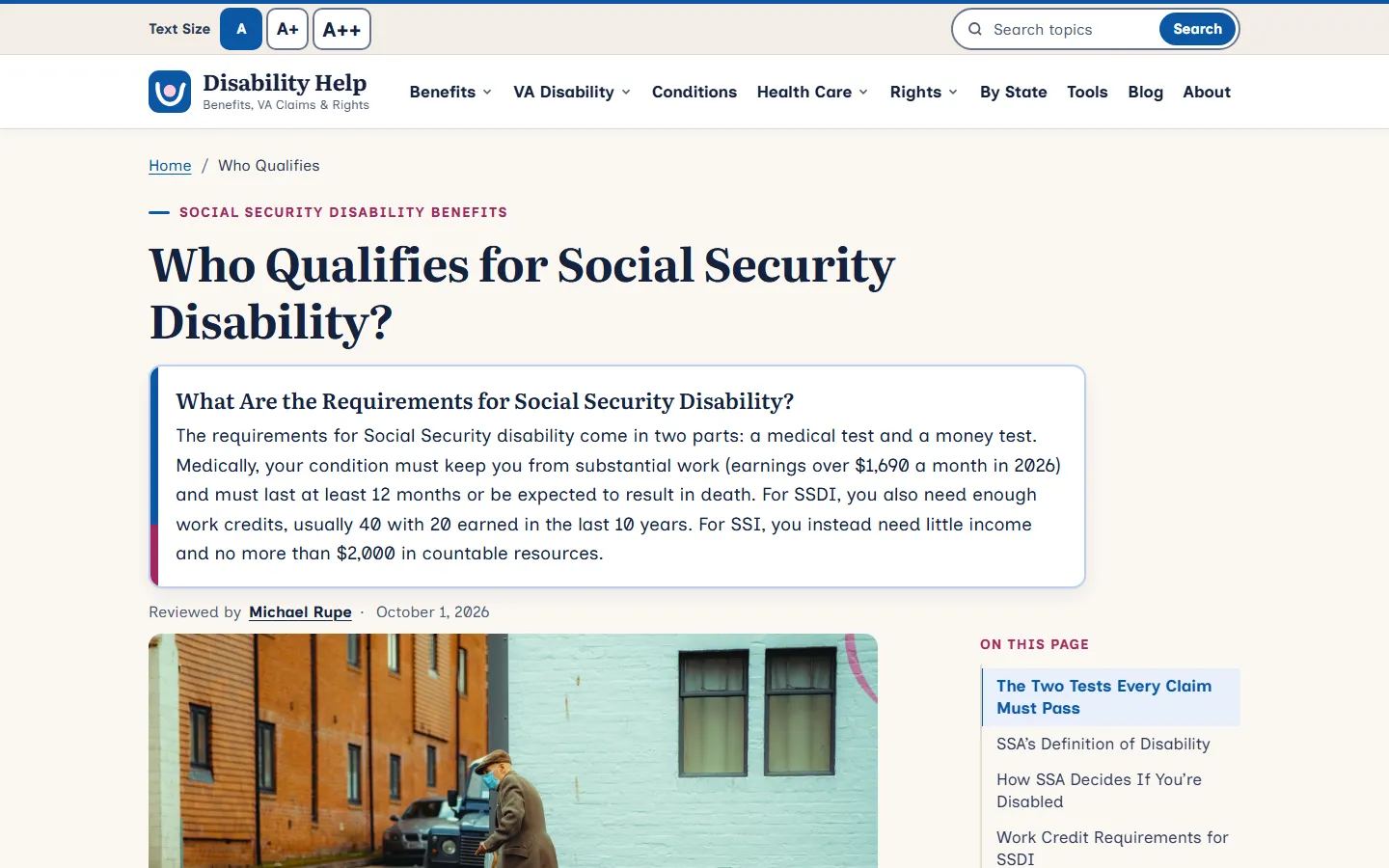 Who Qualifies for Social Security Disability? guide with an answer box describing a medical test and a money test, the $1,690 monthly earnings limit for 2026, 40 work credits with 20 in the last 10 years, and the $2,000 SSI resource limit