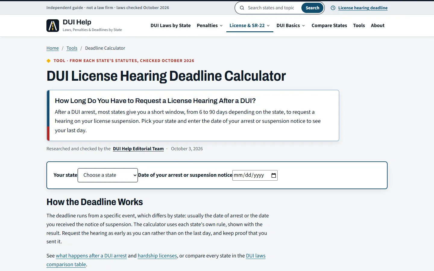 DUI License Hearing Deadline Calculator with the question How Long Do You Have to Request a License Hearing After a DUI?, a 6 to 90 day range, and inputs for state and arrest date