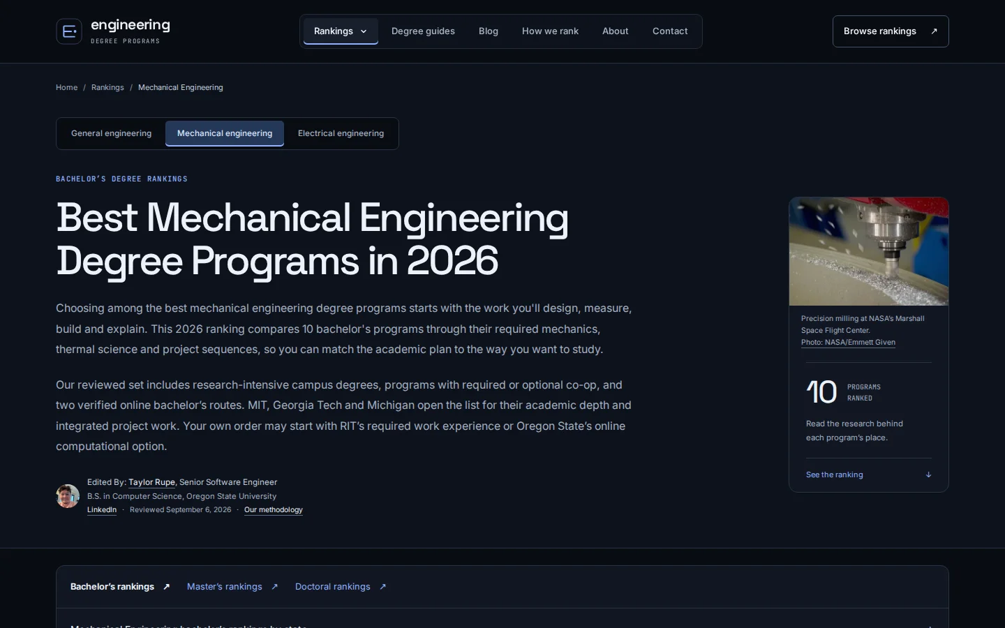 Mechanical engineering ranking with degree-level navigation, a NASA manufacturing photograph, and links to complete school reviews