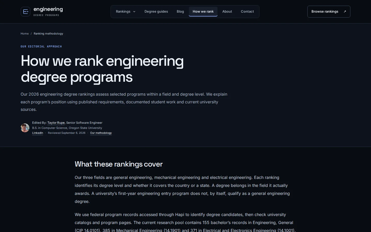 Engineering Degree Programs methodology describing field boundaries, university verification, and editorial ranking criteria