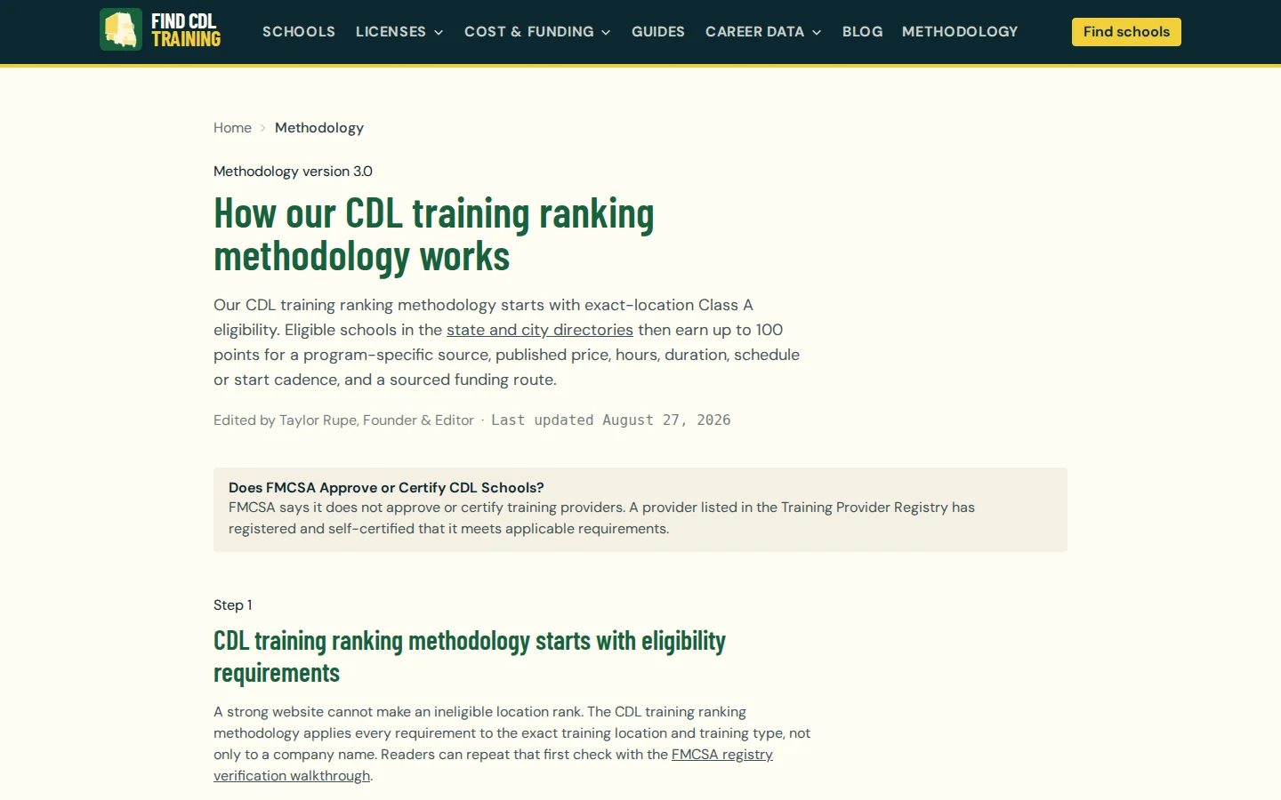 Find CDL Training methodology with exact-location eligibility requirements and its 100-point program information score
