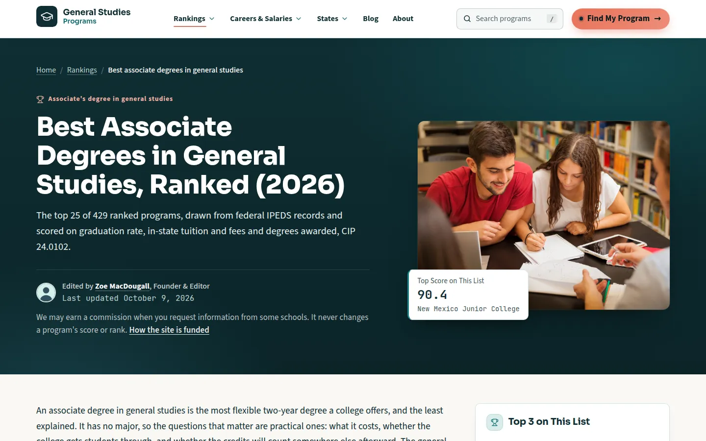 Best Associate Degrees in General Studies ranking page showing the headline, the 429 ranked programs, and the top score of 90.4