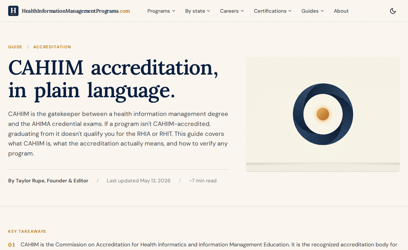 CAHIIM accreditation guide page with the headline CAHIIM accreditation, in plain language and a decorative circular illustration