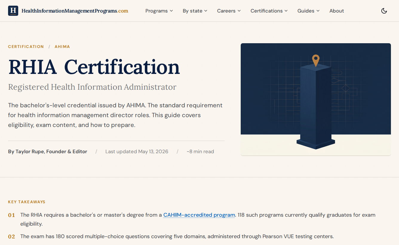 RHIA Certification guide page showing the editorial layout with author byline, last updated date, and a key takeaways section