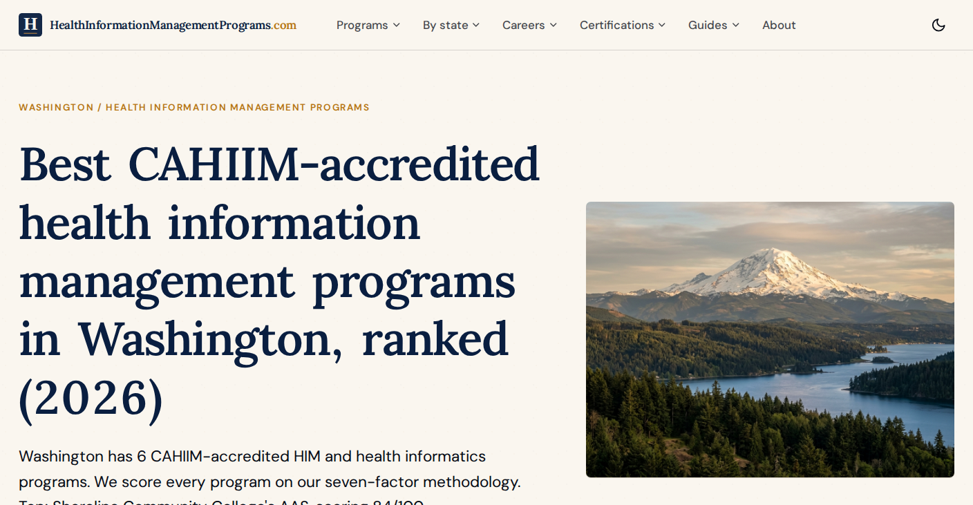 HealthInformationManagementPrograms.com Washington state ranking page showing best CAHIIM-accredited programs in Washington with a Mount Rainier hero image