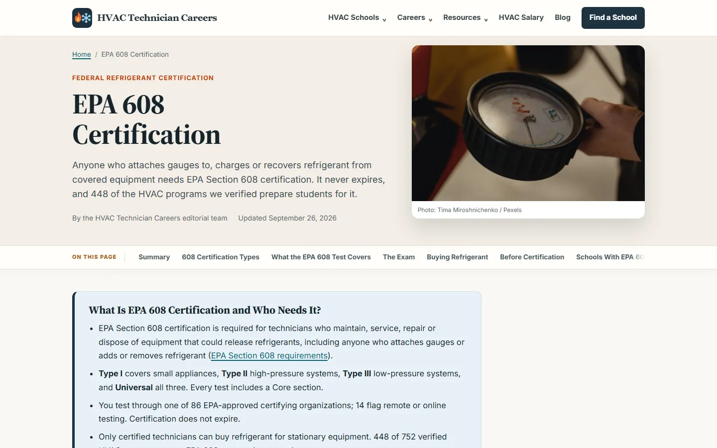 EPA 608 Certification page headline beside a photo of a refrigerant gauge, with a summary noting 86 EPA-approved certifying organizations and 448 programs that prepare students