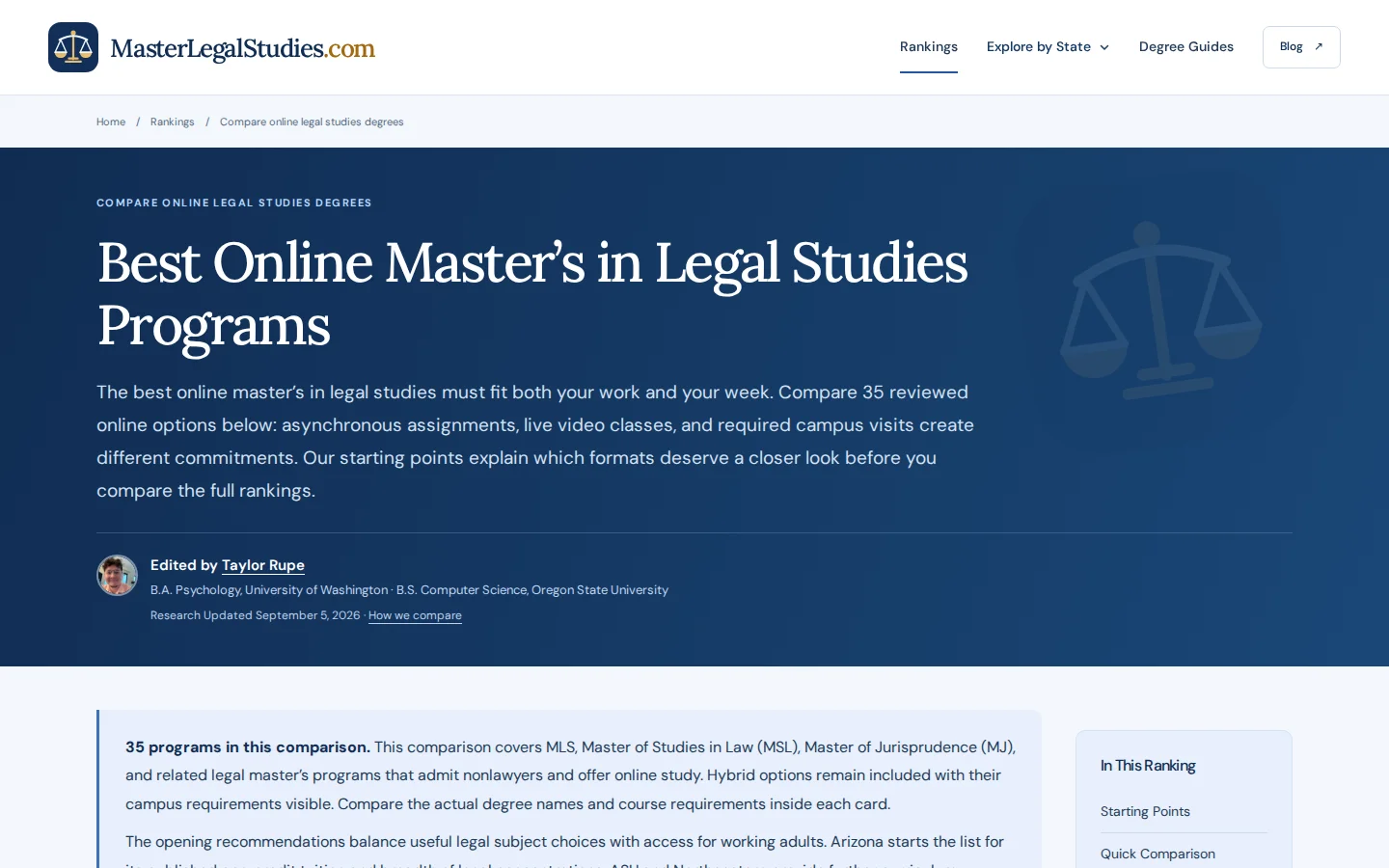 Online legal studies ranking showing 35 reviewed programs and starting points organized by study style