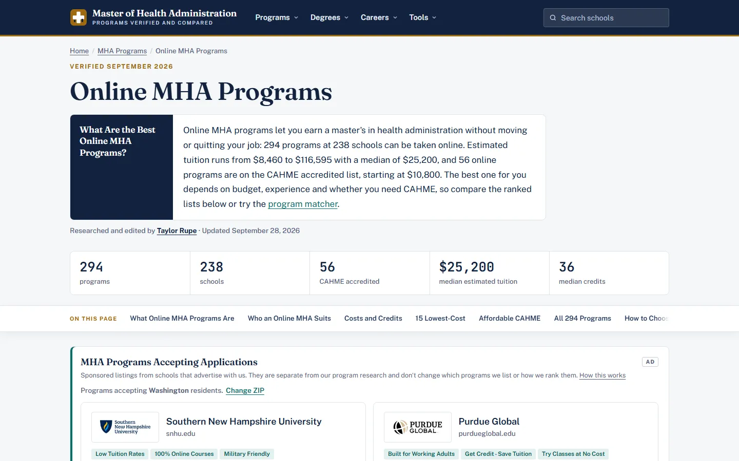 Online MHA Programs page with an answer box giving 294 programs at 238 schools, tuition from $8,460 to $116,595, and 56 CAHME-accredited online programs, above stat tiles for 294 programs, 238 schools, 56 CAHME accredited, a $25,200 median estimated tuition, and 36 median credits