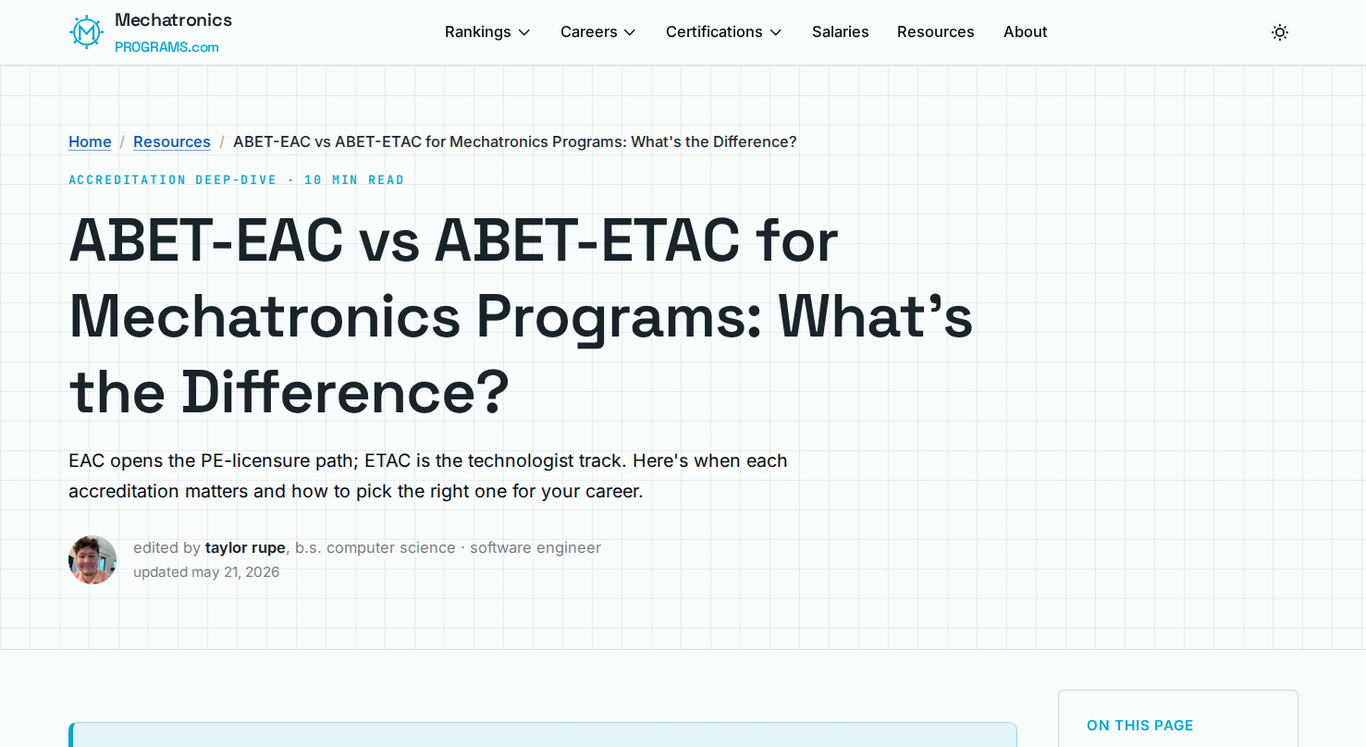 MechatronicsPrograms.com ABET-EAC vs ABET-ETAC guide page with an author byline, a 10 minute read time, and the summary EAC opens the PE-licensure path, ETAC is the technologist track