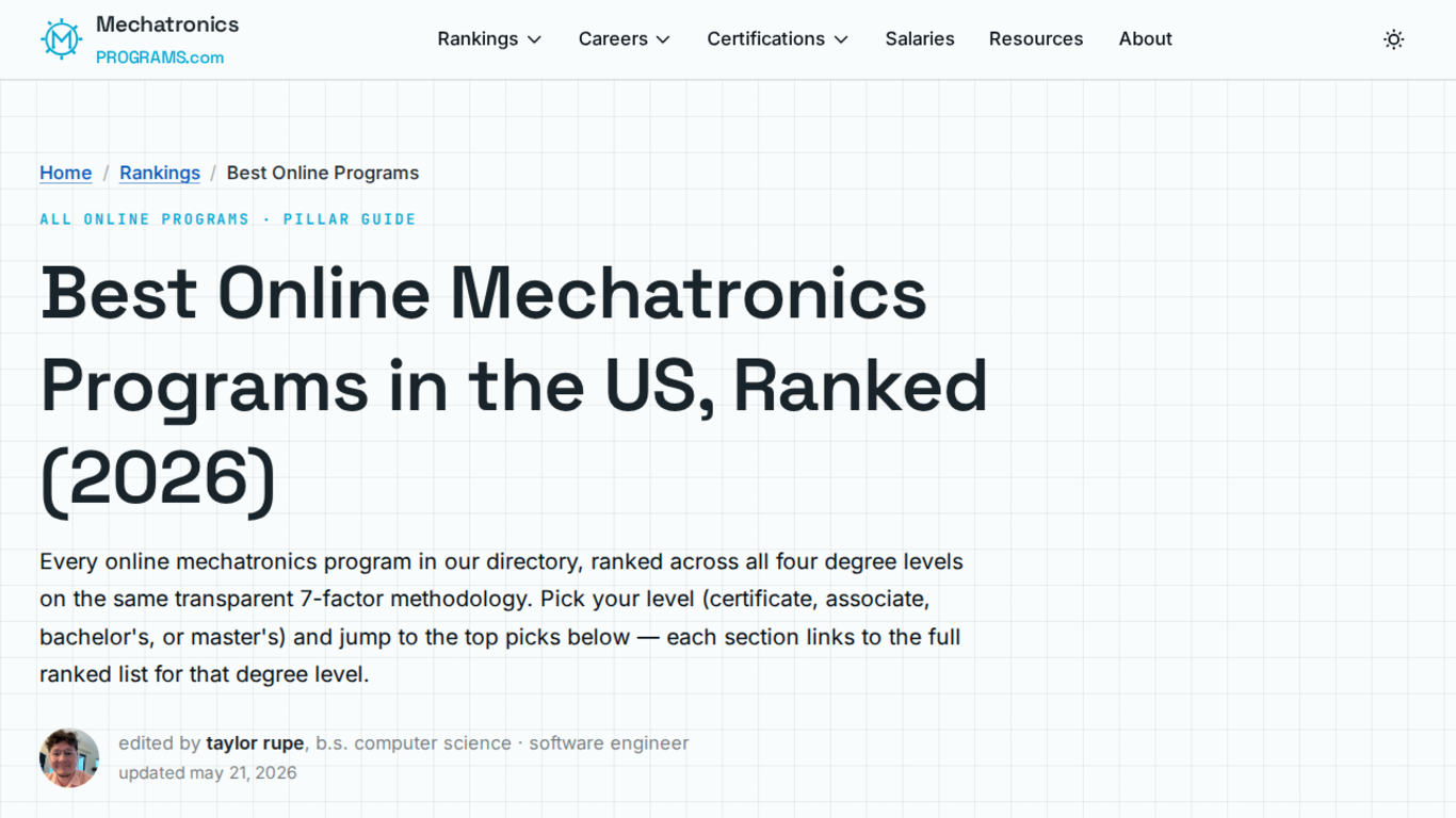 MechatronicsPrograms.com best online mechatronics programs ranking page hero with the headline Best Online Mechatronics Programs in the US, Ranked 2026