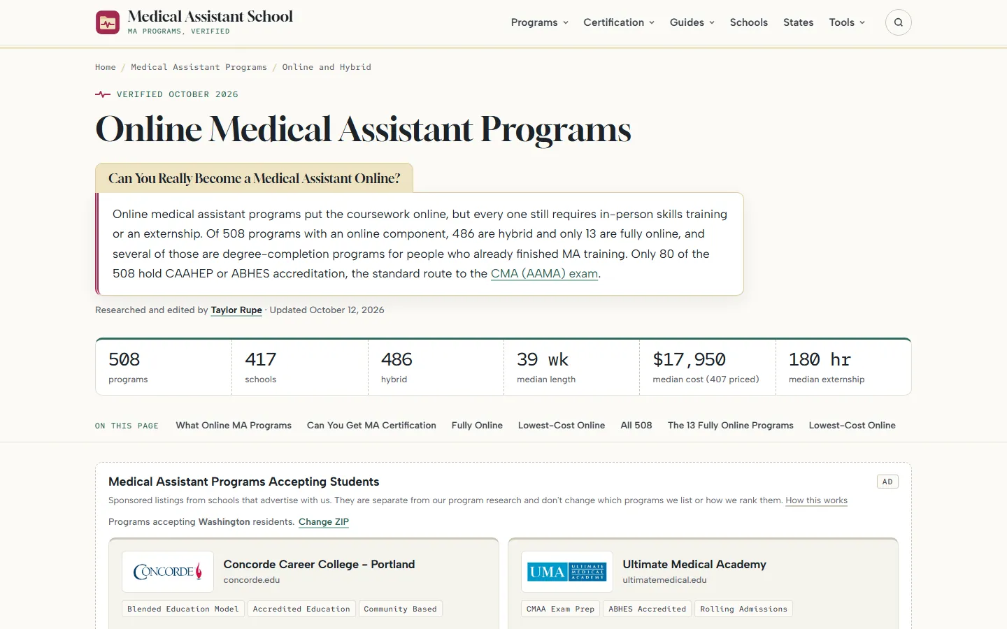 Online Medical Assistant Programs page with the question Can You Really Become a Medical Assistant Online, a summary of 508 programs, and a stat row showing 417 schools, 486 hybrid, 39 week median length, $17,950 median cost, and 180 hour median externship