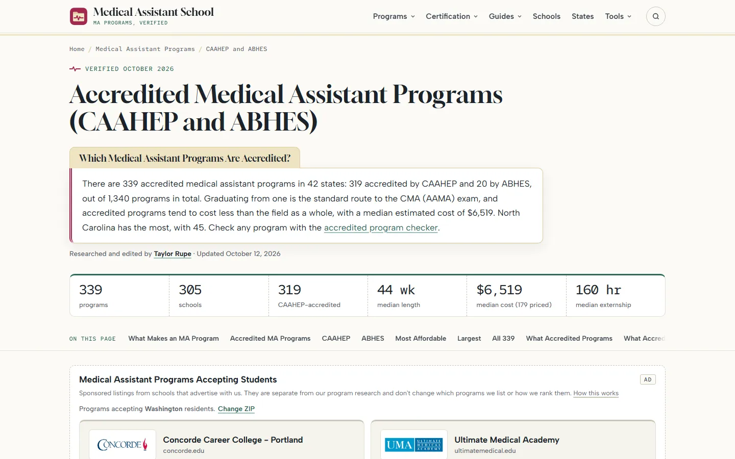 Accredited Medical Assistant Programs (CAAHEP and ABHES) page with a summary of 339 programs in 42 states and a stat row showing 305 schools, 44 week median length, $6,519 median cost, and 160 hour median externship