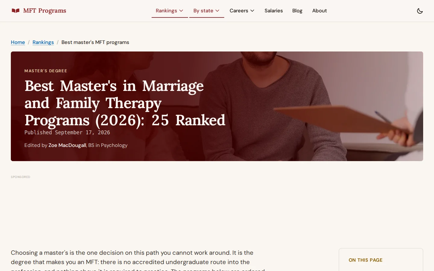 MFT Programs master’s ranking with source-linked program outcomes and comparison cards