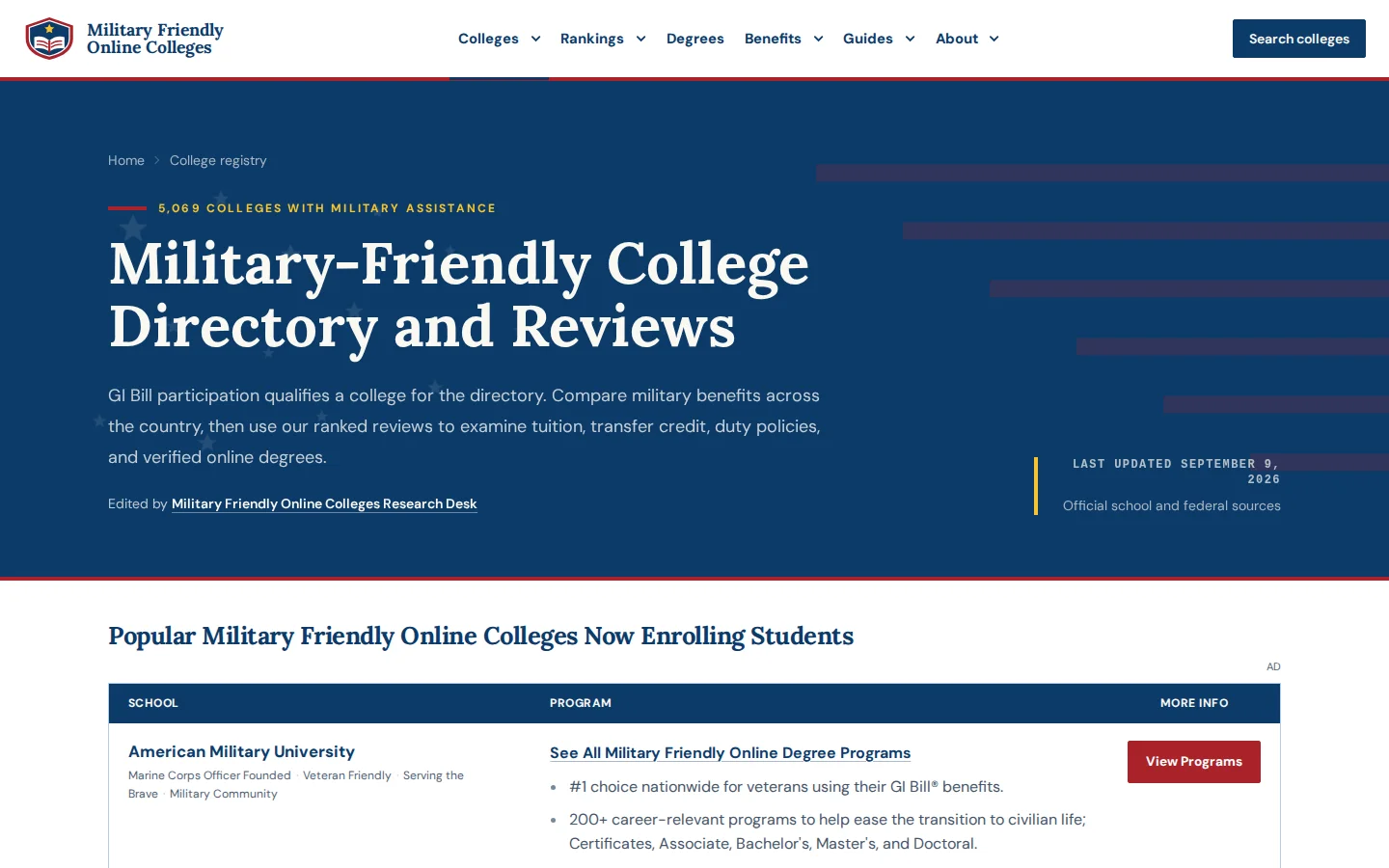 Military Friendly Online Colleges directory with state, degree-field, and benefit filters