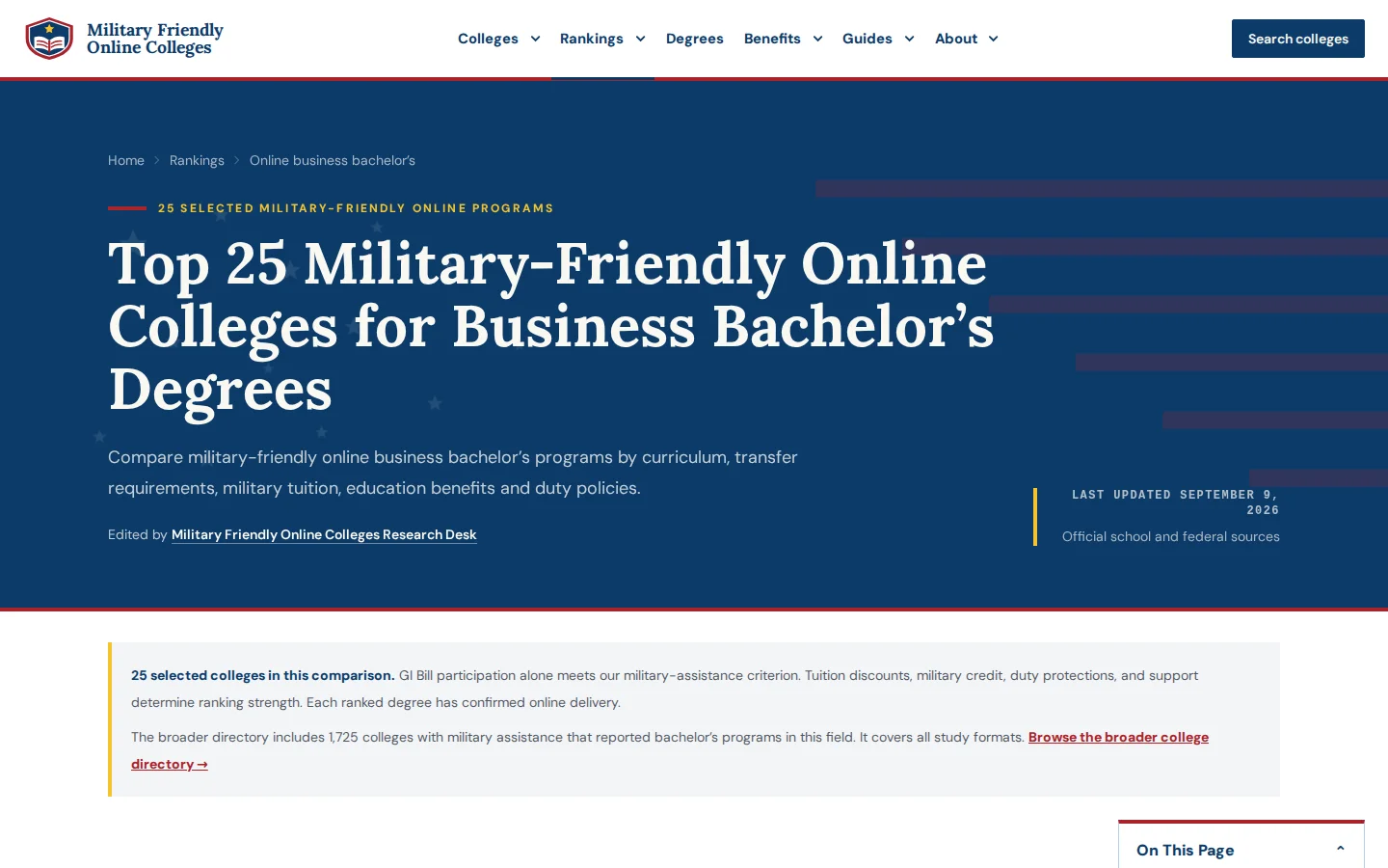 Military-friendly online business degree ranking with college scores and sourced program reviews