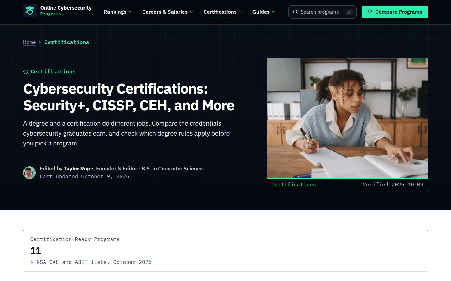 Certifications page headline Cybersecurity Certifications: Security+, CISSP, CEH, and More beside a student writing in a notebook, with a count of 11 certification-ready programs