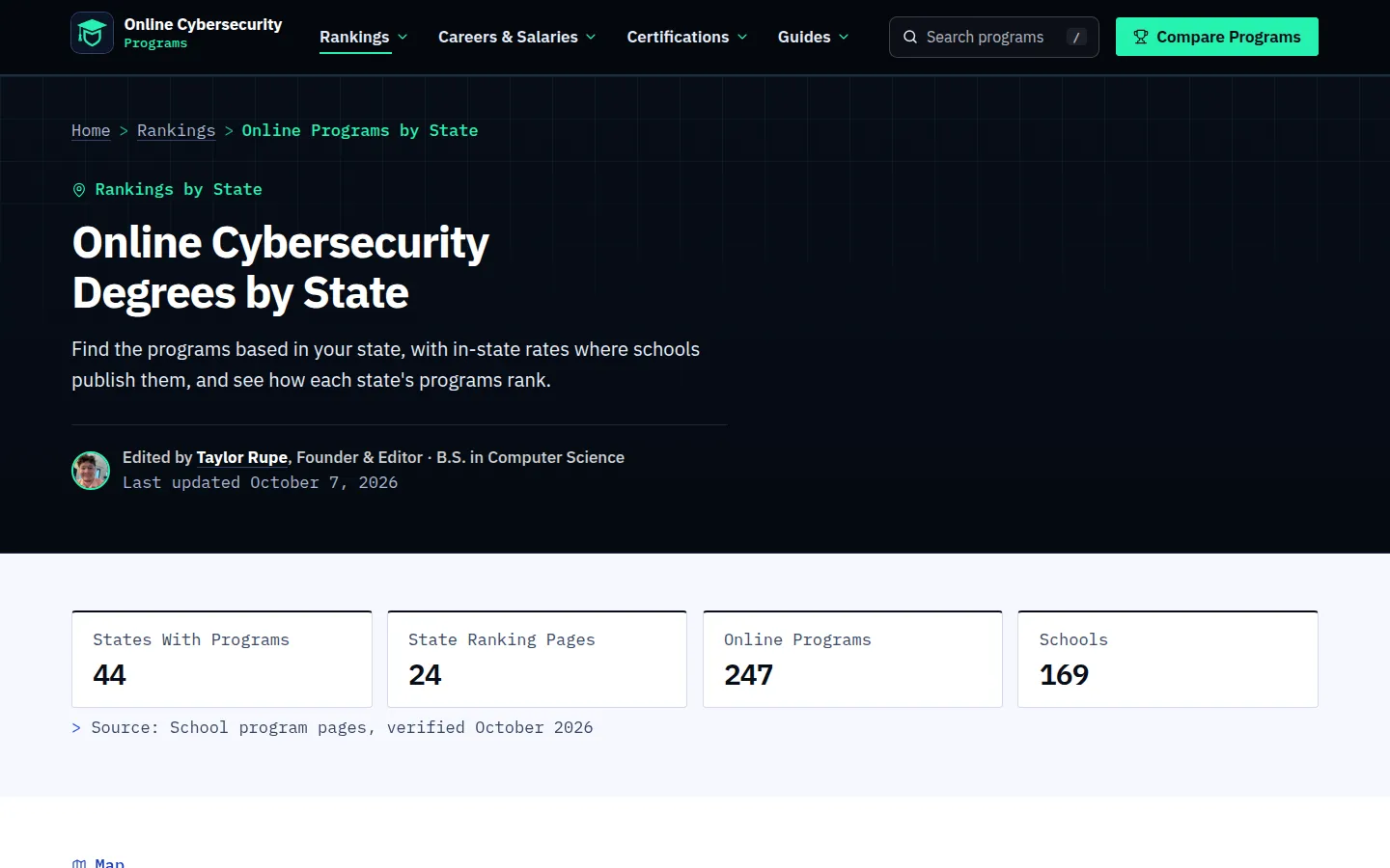 State rankings page headline Online Cybersecurity Degrees by State with counts of 44 states, 24 state ranking pages, 247 online programs, and 169 schools