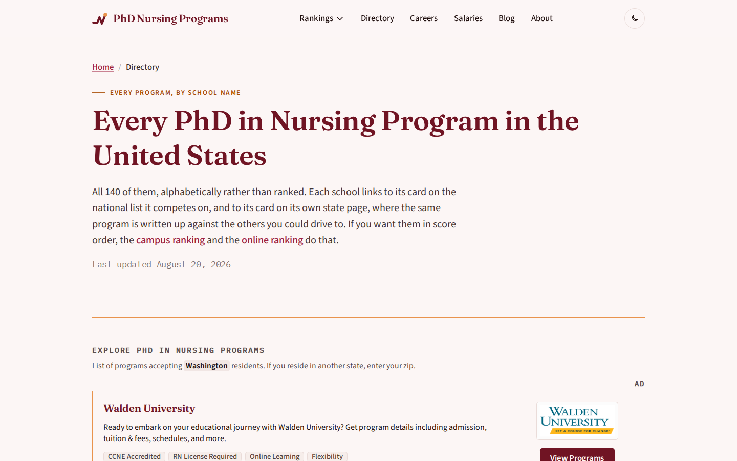 A to Z directory of every PhD in nursing program in the United States, each linking to its ranking card and state page