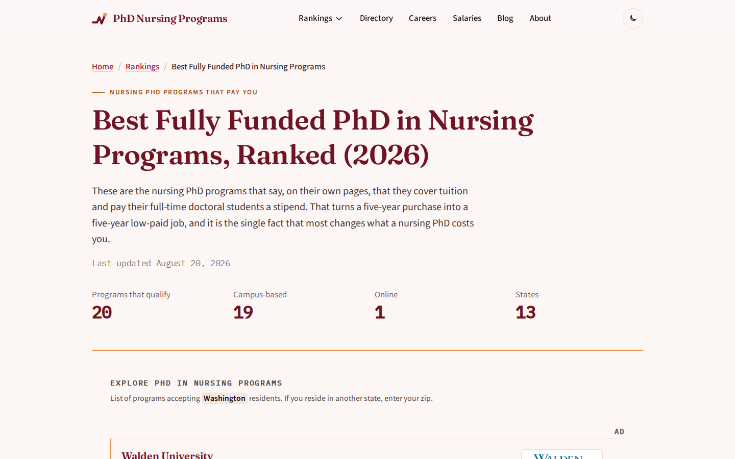 Fully funded PhD in nursing ranking showing 20 qualifying programs, 19 campus-based, 1 online, across 13 states