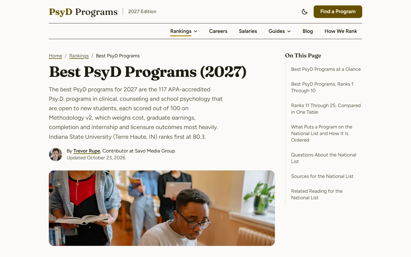 Best PsyD Programs (2027) page explaining that 117 APA-accredited Psy.D. programs open to new students are scored out of 100 on Methodology v2 and Indiana State University ranks first at 80.3, beside an On This Page menu