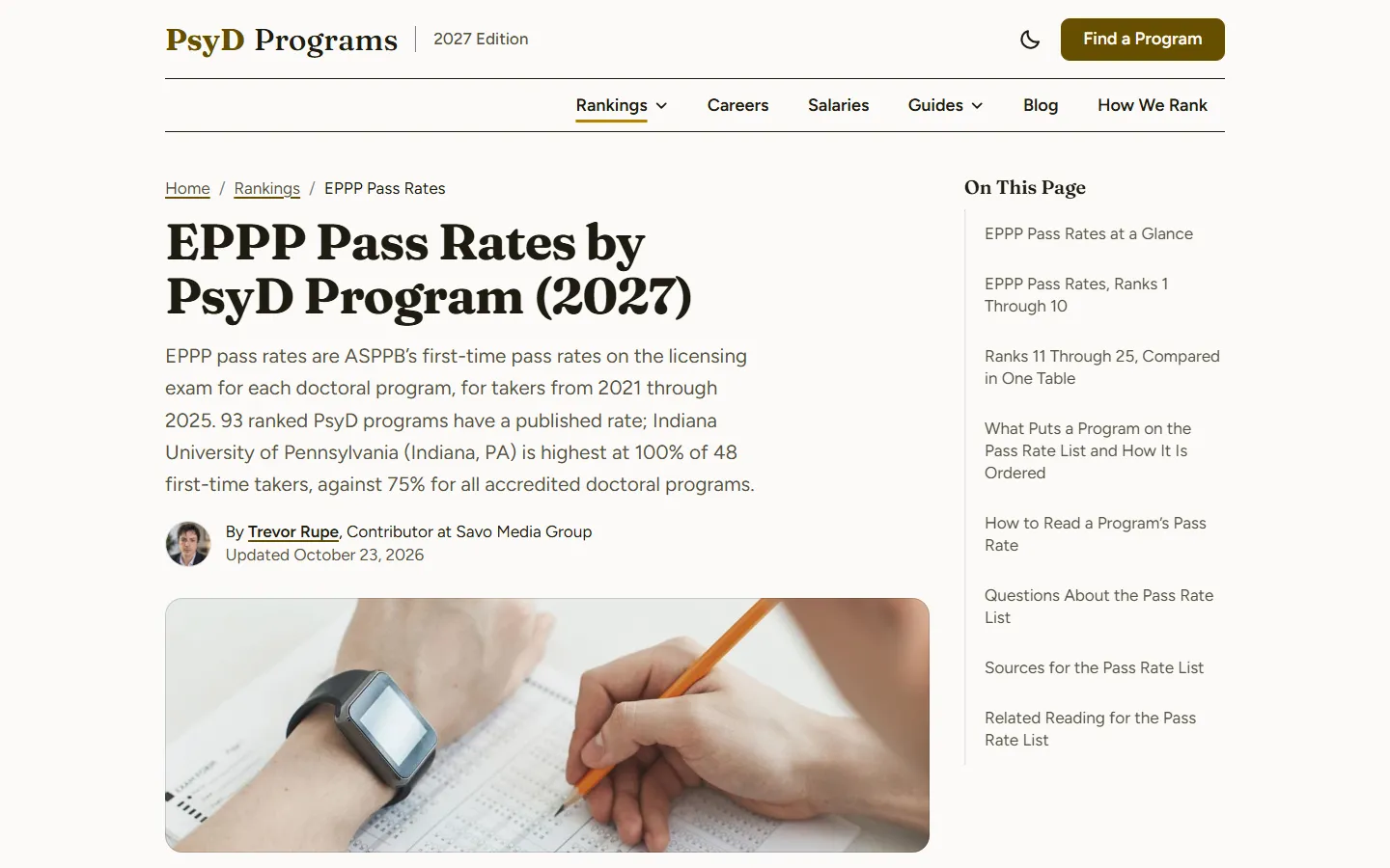 EPPP Pass Rates by PsyD Program (2027) page explaining that 93 ranked programs have a published rate and Indiana University of Pennsylvania is highest at 100% of 48 first-time takers, beside an On This Page menu