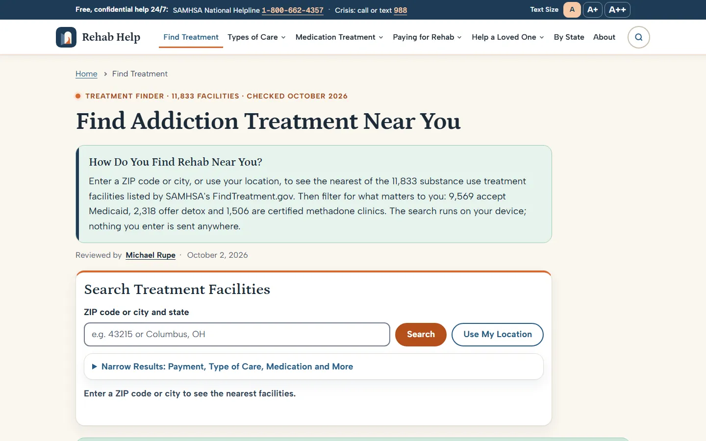 Find Addiction Treatment Near You page with the eyebrow Treatment Finder, 11,833 Facilities, Checked October 2026, an answer box citing 9,569 facilities accepting Medicaid, 2,318 offering detox and 1,506 methadone clinics, and a ZIP code search