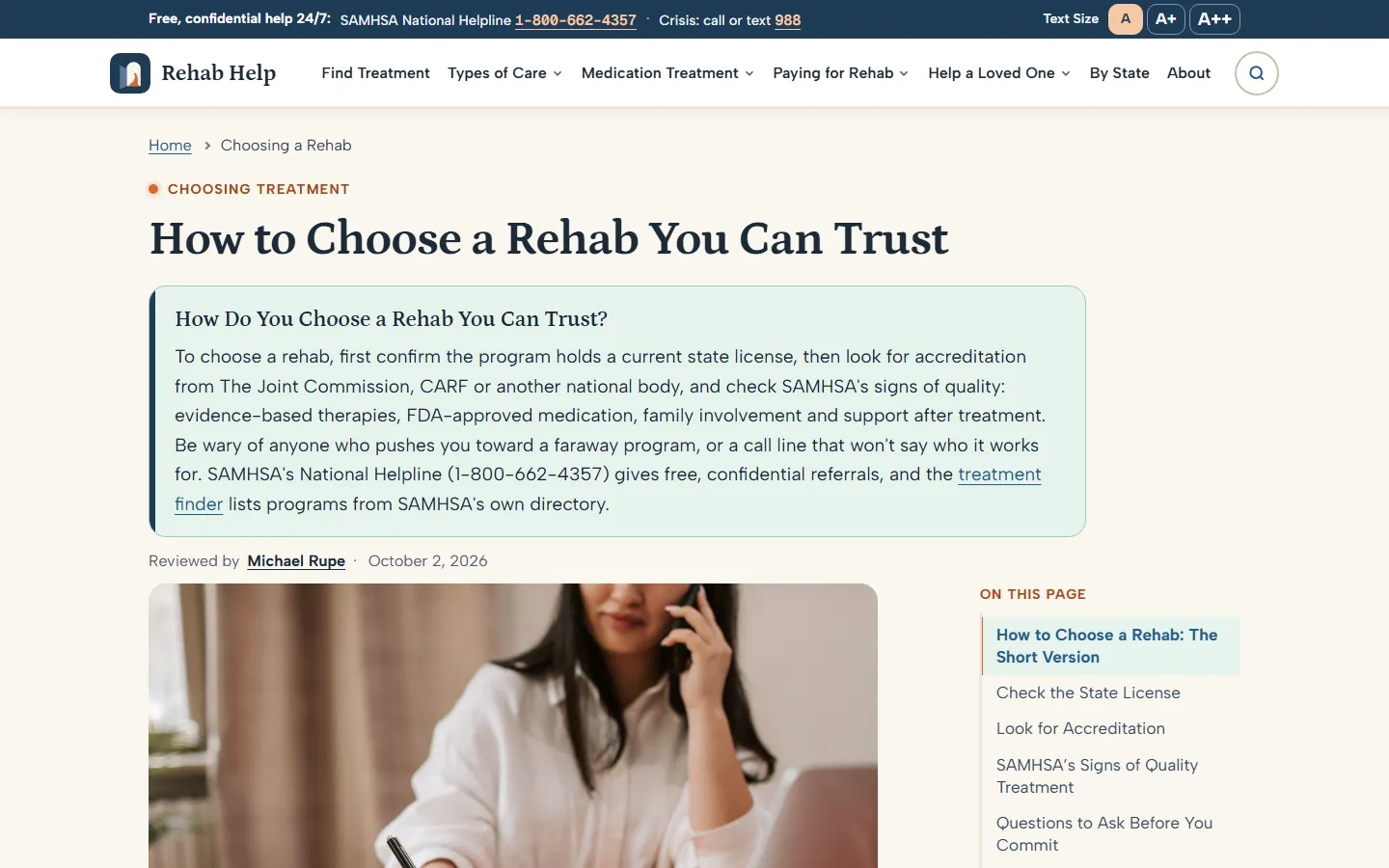 How to Choose a Rehab You Can Trust guide with an answer box covering state licenses, Joint Commission and CARF accreditation, and SAMHSA's signs of quality, beside an on-this-page list of sections