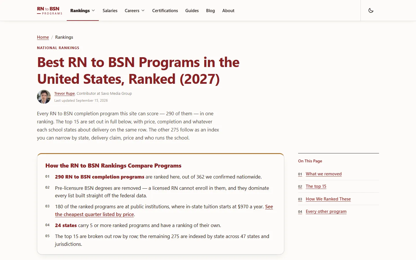 Best RN to BSN Programs in the United States, Ranked (2027) page with a summary box stating 290 completion programs are ranked out of 362 confirmed, 180 at public institutions from $970 a year, and 24 states with their own ranking