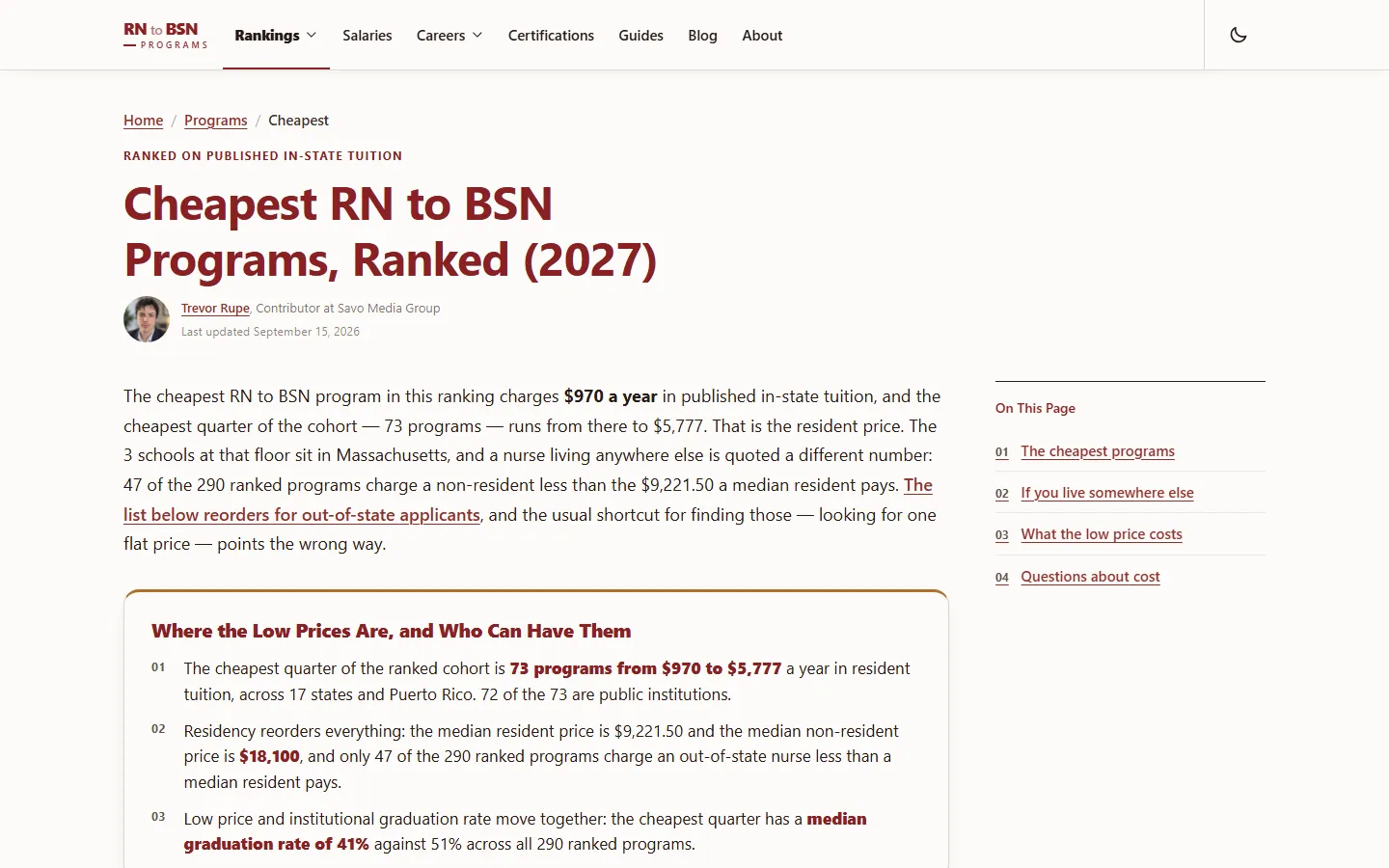 Cheapest RN to BSN Programs, Ranked (2027) page with a summary box noting 73 programs from $970 to $5,777, a $9,221.50 median resident price, and a $18,100 median non-resident price