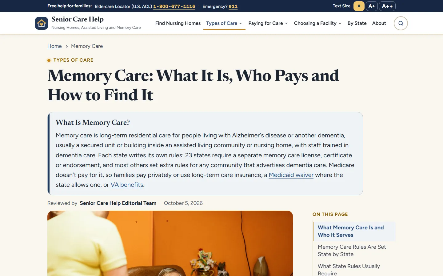 Memory Care: What It Is, Who Pays and How to Find It guide with an answer box noting that 23 states require a separate memory care license, certificate or endorsement and that Medicare doesn't pay for it